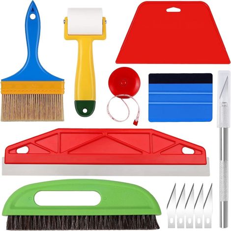 Kit outils pose papier peint, raclette lisseuse, rouleau joints, brosse, application vinyle et film fenêtre (1/5)