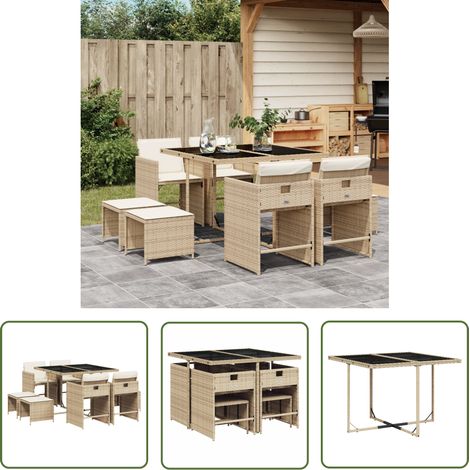 The Living Store 9-tlg. Garten-Essgruppe mit Kissen Beige Poly Rattan - Gartenmöbel Set - PE-Rattan Möbel - Outdoor Esstisch - Gartenstühle - Gartenhocker (1/5)