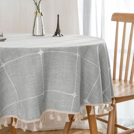 Nappe Ronde, Nappe de Table à Pampilles Lavable sans Plis pour Cuisine, dîner, fête, Camping, Vacances, Maison de Ferme Rustique en Plein air (Grille Grise, Ronde, 140 x 140 cm) (1/5)