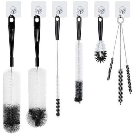 8 Brosses de Nettoyage – Goupillon Bouteille, Brosse Biberon, Écouvillon, Brosse Bouteille et Verres avec Crochets de Suspension (1/5)
