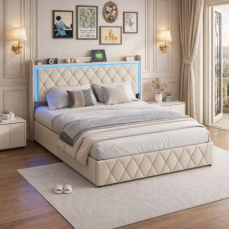 Lit coffre 160x200 cm avec LED et prise USB, lit double capitonné avec rangement hydraulique et sommier à lattes, pour adultes et adolescents,velours, beige (1/4)