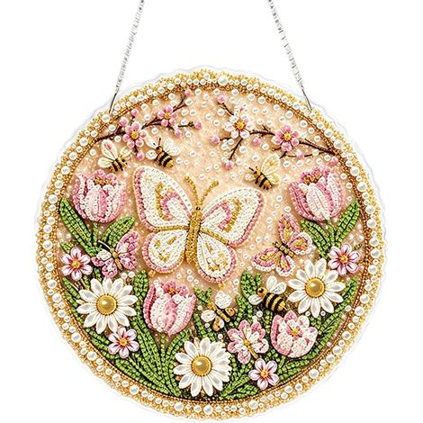 Ornement de couronne papillon jardin printanier – Diamond painting perles, cadeau printemps (1/5)