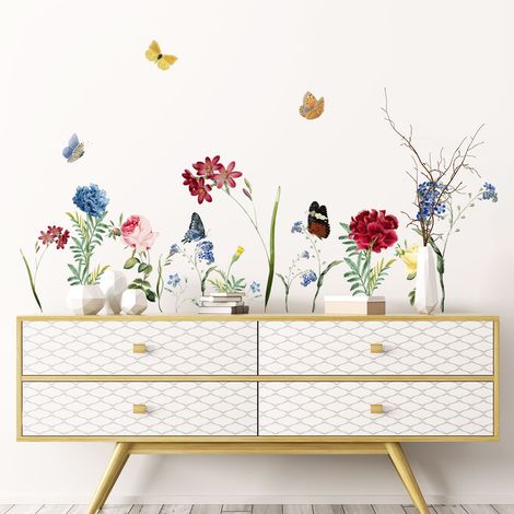 Stickers muraux Sticker Mural Autocollant - FLEURS DANS LE JARDIN - adhésifs fond transparent - 90X165cm