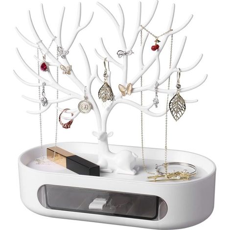 Présentoir à bijoux bois de cerf avec tiroir, blanc et transparent, support décoratif (1/5)