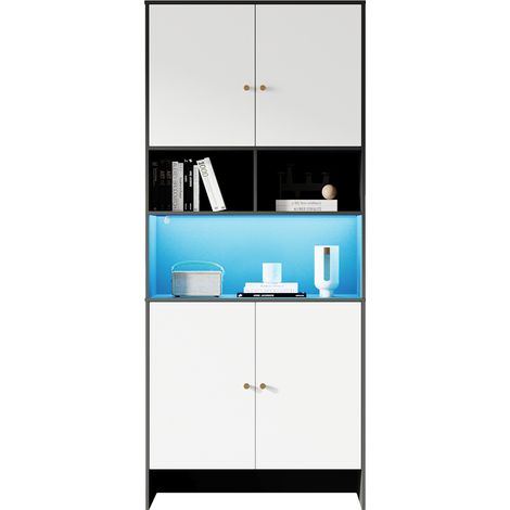 Meuble multifonction / buffet avec 4 portes et 3 niches ouvertes – Design bicolore noir et blanc en bois, idéal pour salon, chambre et cuisine, dimensions 80 x 40 x 185 cm