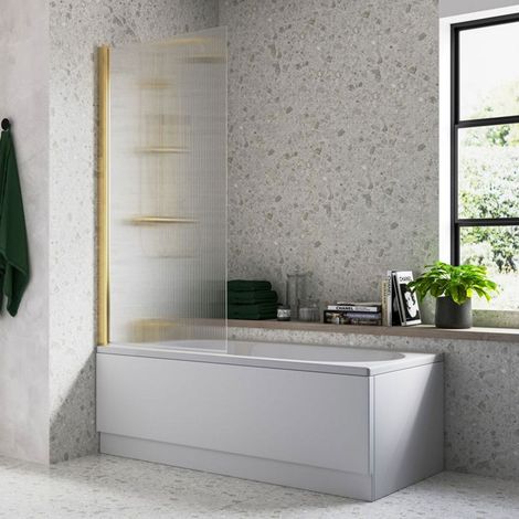 Signature Fluted Single Brushed Brass Square Hinged Bath Screen 1500mm High x 800mm Wide - 5mm Glass (1/2)