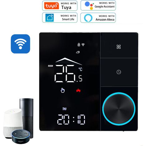 Thermostat d'ambiance WiFi Tuya pour chauffage au sol eau/chaudière, réglage rotatif, écran tactile, boîtier ignifuge, noir