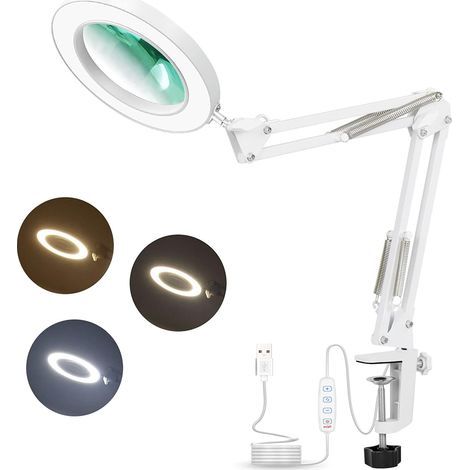 Loupe Lampe de bureau avec bras pivotant réglable,64 LED Grande loupe Loupe Lampe avec 3 modes de couleur pour la lecture de table de bureau artisanat ou établi (1/5)