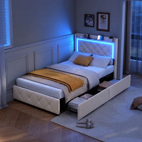 JOOKGBD-Polsterbett 90x200 cm mit 2 Schubladen,Doppelbett Stauraumbett mit LED und USB,Jugendbett,Bettgestell mit Lattenrost,Verstellbares Kopfteil,Multifunktionales Bett,Samt,Ohne Matratze,Beige (1/5)