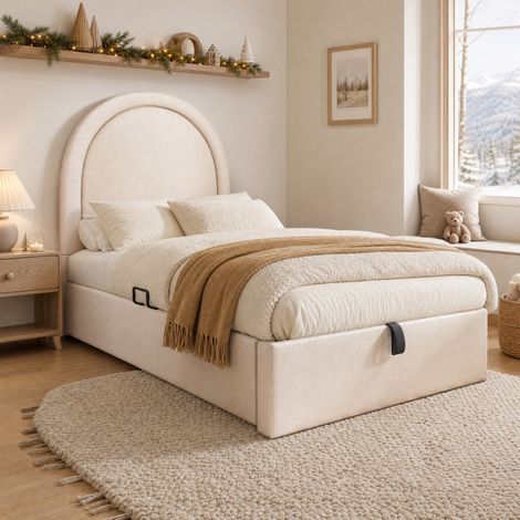 Cama individual infantil 90x190 cm de PU beige con almacenaje, sin colchón FloraGrace (1/5)