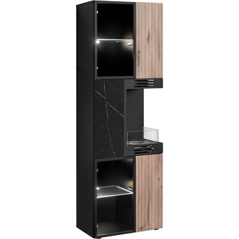 Vitrine haute Cannes WSW-K avec cheminée bioéthanol et LED - MDF noir et chêne Viking et effet marbre noir - 60 x 182 x 40 cm - Livraison gratuite (1/5)