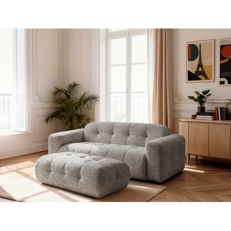 BOBOCHIC - Canapé droit fixe 3 places LAURA tissu chiné avec grand pouf Taupe
