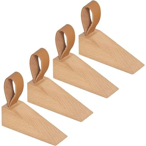 Cale de Porte 4 Pièces Cale Porte Bois Cale Porte Sol Butoir de Porte en Bois de Hêtre Cale Porte Sol Bois Cale en Bois Fonctionnalité Calle Porte Bloc Porte Sol avec Boucle Cuir Arrêt de Porte