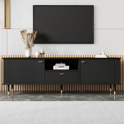 Meuble TV - KOMHTOM - Meuble TV 170 cm - Noir - Pieds métal dorés - Fermeture douce (1/5)