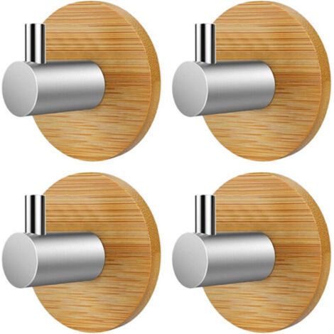 Crochets muraux en bois et bambou, lot de 4, crochets adhésifs, crochets à vêtements en bois, acier inoxydable et bambou, crochets à vêtements auto-adhésifs en bois, aucun perçage requis.