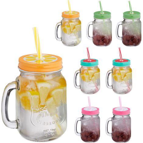 Verre à Cocktails avec Couvercle et Paille Incluse, Lot de 8, 500 ML, avec poignée, Motif Fruit, Multicolore (1/5)