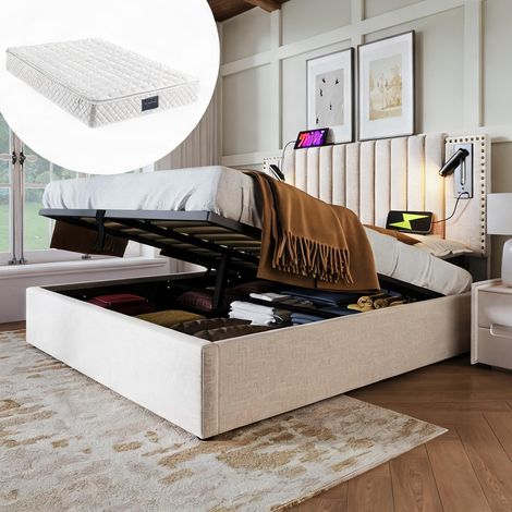 Cadre de lit beige en coton 203 x 147 x 106 cm (1/5)