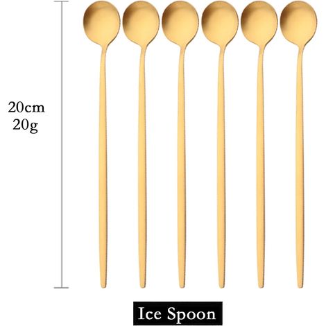 (Or, 6 pièces) Cuillères à long manche mates pour remuer les boissons, couverts en acier inoxydable