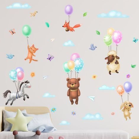 Stickers Muraux animaux peintures murales ballon à air chaud ours cheval mouton stickers muraux enfants bébé pépinière chambre (1/4)