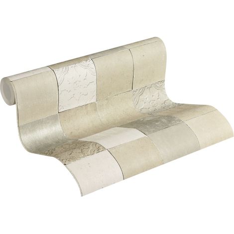 Papier peint gris, beige, blanc intissé vinyle Tapisserie carreaux grise et beige cuisine Papier peint imitation carrelage couloir (1/5)