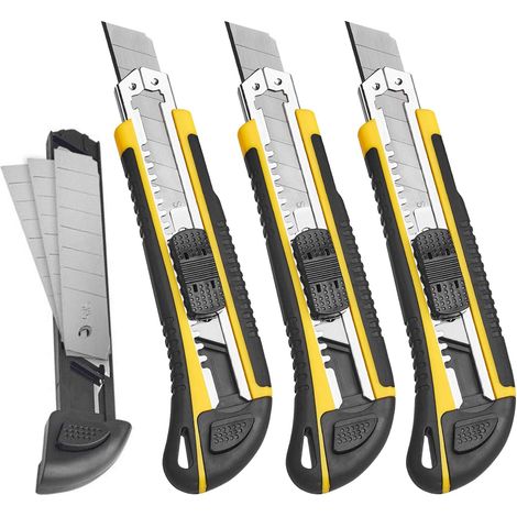 Utilité couteau boîte coupe rétractable, lourd Snap Off changement rapide lames supplémentaires (3 lames) TPR + PP poignée coupe boîtes en carton ou bricolage, 3 pièces (1/5)