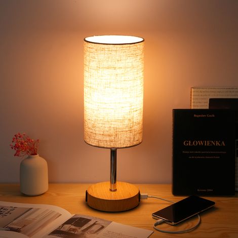 Ortviai Lampe de chevet en bois avec variateur tactile 3 niveaux, prise AC + USB-A/USB-C, abat-jour en tissu beige (1/5)