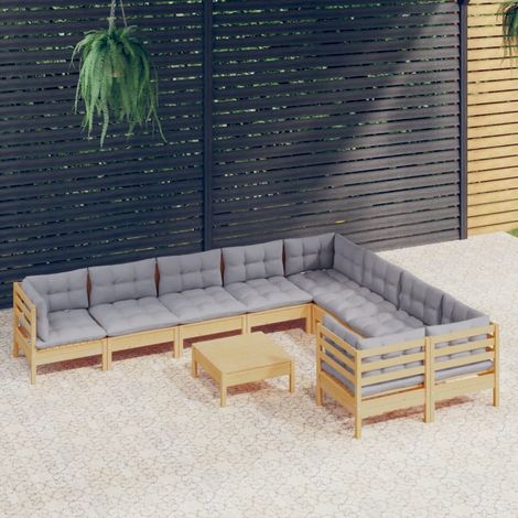 10 pcs Salon de jardin avec coussins Salon d'extérieur Ensemble Meuble de Jardin Mobilier d'Extérieur gris Bois de pin XFNRX400364 (1/5)