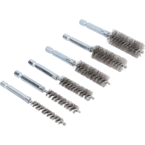 6 x 4-Zoll-Reinigungsbürsten aus rostfreiem Edelstahl, Drahtbürsten mit 1/4-Zoll-Sechskantschaft für Bohrmaschinen und Schlagschrauber, silbernes Set (1/5)