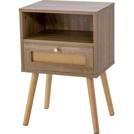 Comodino in rattan in stile boho con cassetto, legno naturale