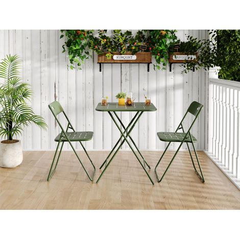 Garten Tisch und Stühle Set mit 1 Tisch und 2 Klappstühlen, für 2 Personen und Balkon, Stahl, Grün
