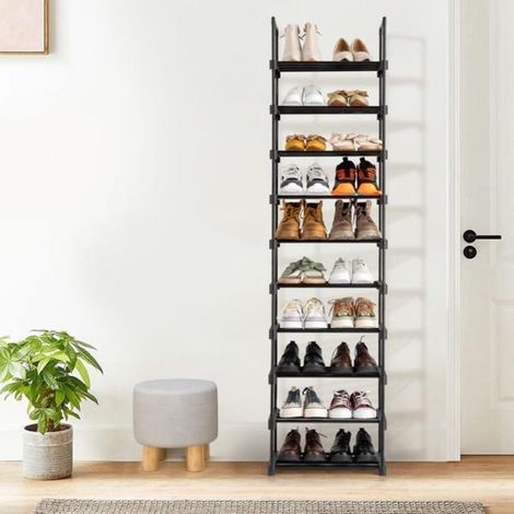 Étagère à chaussures noire de 45 x 30 x 174 cm, composée d'une couche de 4 tubes et de 10 couches de tubes en fer de 13 mm de diamètre, recouverte de plastique. (1/4)