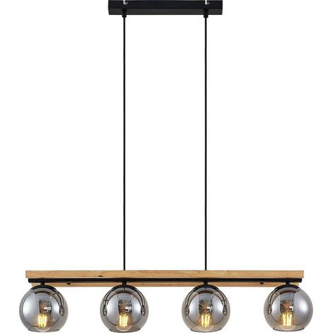 Suspension en verre fumé à 4 lampes – Abat-jours sphériques – Poutre en bois chêne – Douilles E27 pour ampoules LED