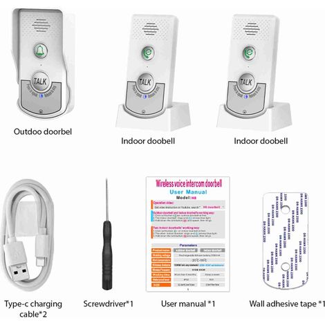 Timbre inteligente recargable, inalámbrico y portátil con intercomunicador para uso doméstico, alcance de 1000 m, 38 melodías, 2 unidades interiores, IP54, 1800 mAh (1/2)