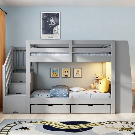 Lit superposé 90x200cm - bureau + LED + prise + tiroirs - bois - gris (1/5)