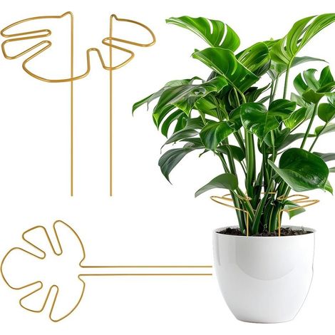 Set of 2 stainless steel plant stands with unique leaf design for indoor plants, suitable for monstera, flowers, hydrangea, alocasia, decorative (gold) (1/5)