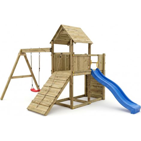 Funni Aire de Jeux Enfant Extérieure – Bois Traité – Toboggan 2,2 m – Balançoire Simple – Jusqu’à 10 Enfants – EN 71 (1/5)