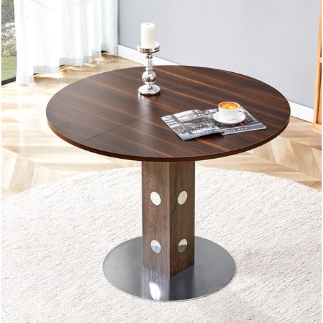 Mesa de comedor redonda de 100 cm, para 4 a 6 personas, tablero efecto nogal, estructura metálica, diseño moderno. (1/5)