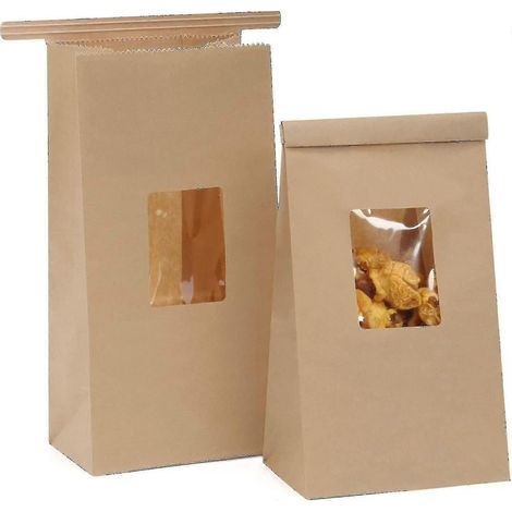 Sacs à pâtisserie résistants aux graisses avec fenêtre, sacs en papier kraft imperméables à l'huile, 50 pièces, 12,7 x 7,5 x 24 cm, sacs à fermeture à nouer en métal, sacs bruns à fenêtre, sacs à café (1/4)