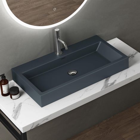 Doporro – Vasque à poser 76,5cm – Lavabo suspendu rectangulaire gris noir mat – Fonte minérale solid surface – Dimensions 76,5x42x10cm – Trop-plein inclus - Colossum06