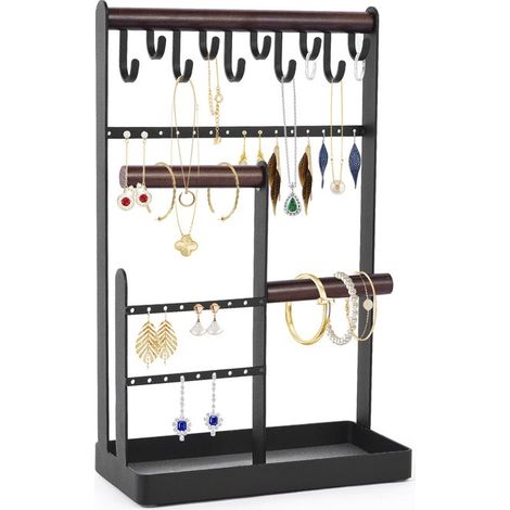 Porte-bijoux en métal et bois - Présentoir à bijoux avec support boucles d'oreilles et bracelets - Plateau et pieds antidérapants - Noir (1/5)
