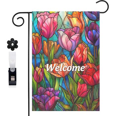 Drapeau de jardin bienvenue 30 x 45 cm motif moderne et simple toile double face pour entrée et jardin (1/5)