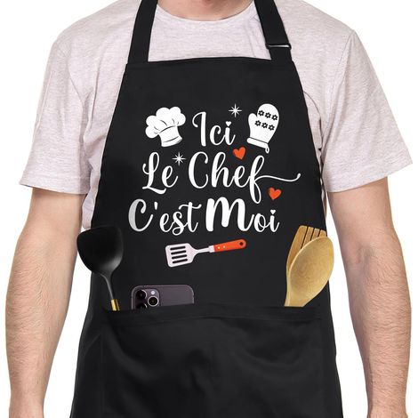 Tablier Cuisine Homme Personnalisé Noir, Réglable Tablier Personnalisé Humour Drole Rigolo Barbecue Bbq, Tablier de Cuisine Coton Cadeau Fete Des Peres Saint Valentin Noel Papa (1/5)