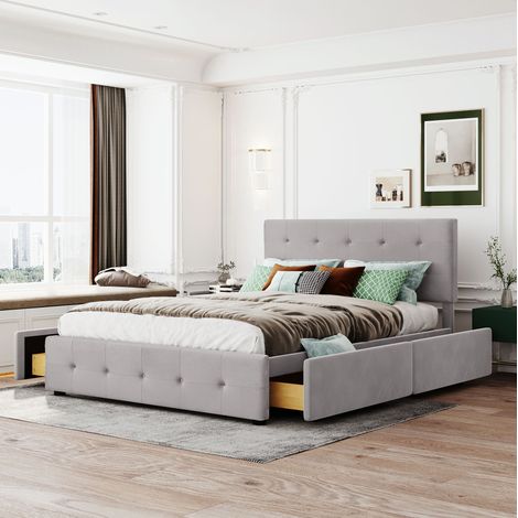 Letto contenitore imbottito con 4 cassetti grigio OKMYHOME (1/5)