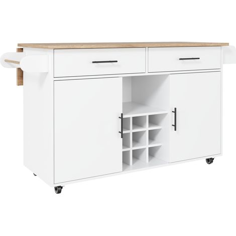 Isola cucina con piano ribaltabile, carrello con ruote e 2 cassetti, bianco (1/5)