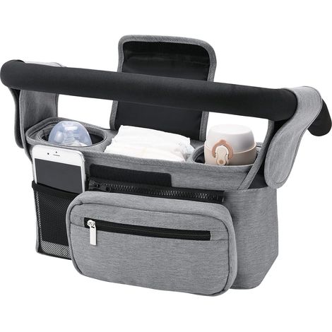 Organizador para cochecito, almacenamiento universal, 2 portavasos, portabotellas térmico gris, gran capacidad, cochecito, teléfono, accesorio para bebé (1/5)