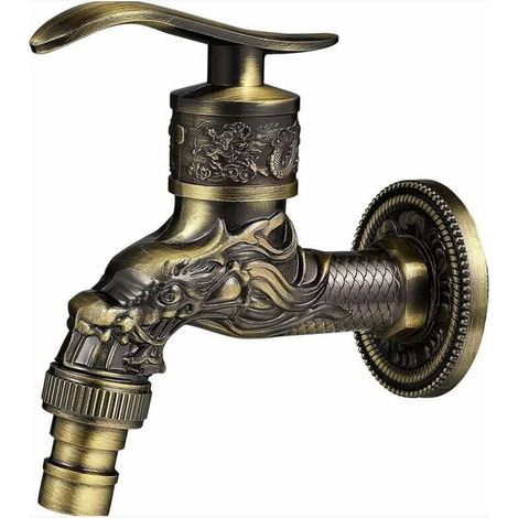 Retro Brass Wall Mounted Faucet, Outdoor Garden Faucet G1/2", Antique Brass Faucet, Vintage Wall Mounted Faucet, Antique Copper Dragon Carved Faucet for Kitchen Bath Garden