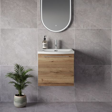 Napoli 390 Tobacco Oak 500mm Wall Mounted Single Drawer Vanity Unit with Arc Basin - 500mm - Chrome 320mm Handle