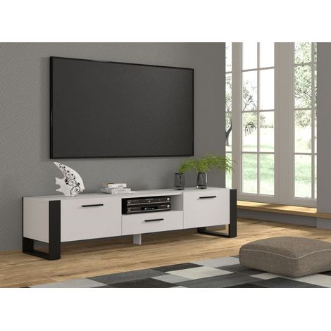 Bim Furniture – Meuble TV moderne 200 cm – MDF blanc mat avec pieds et poignées noires – 3 portes et étagère ouverte – Compatible décodeurs et consoles - 200x43x48h