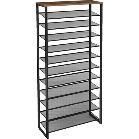 Étagère à Chaussures à 12 Niveaux, Grande Porte-Chaussures, Meubles à Chaussures, 35 à 45 Paires, Cadre en Métal, pour Couloirs, Entrées, Salons, Chambre, Marron Rustique et Noir (1/5)
