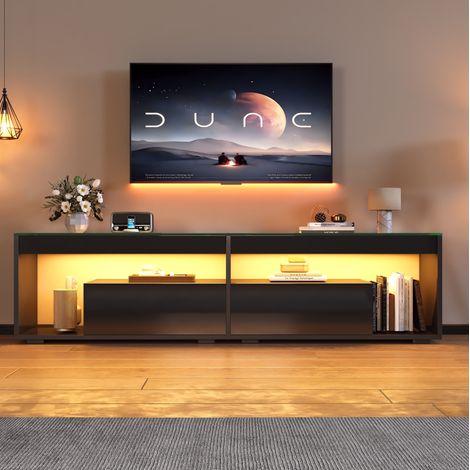 MEUBLIV Meuble TV 180x40x46 cm noir – LED, 2 tiroirs, support 70 pouces (1/5)